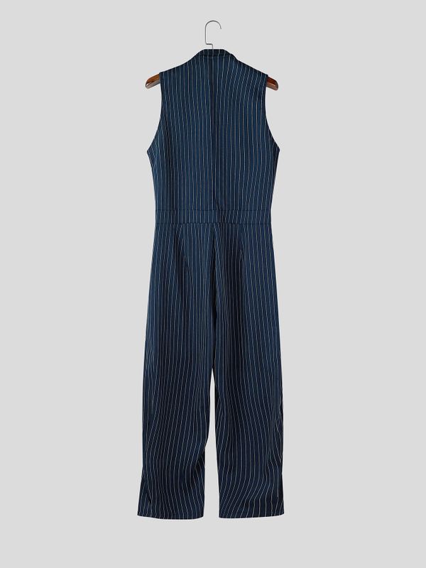 Men's Victorian Vintage Stage Performance Pinstripe Lapel Vest Pleated Wide-Leg Jumpsuit SKUL84568