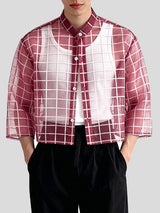Men's Avant-Garde Sheer Organza Plaid Stand Collar Cropped 3/4 Sleeve Shirt SKUL63171