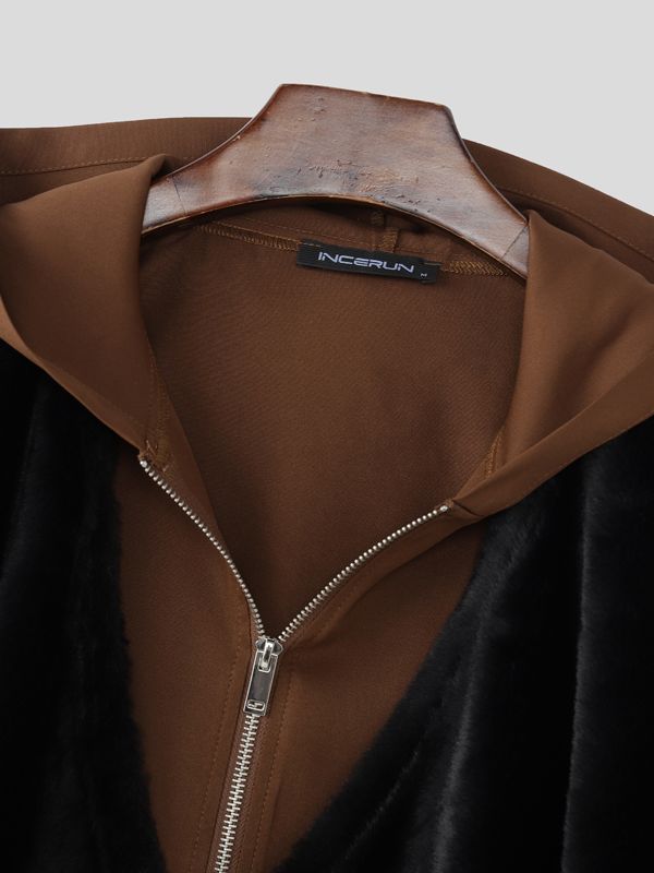 Men's Faux Fur Patchwork Hooded Long Sleeve Jacket SKUL42266