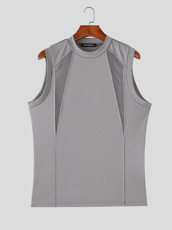 Men's Clean Fit Techwear Sheer Mesh Patchwork Ergonomic Contour Seam Sleeveless Mock Neck Tank SKUL72613