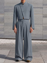 Men's Avant-Garde Deconstructed Stage Runway Asymmetric Slanted Button Cropped Two Pieces Outfit SKUL85939