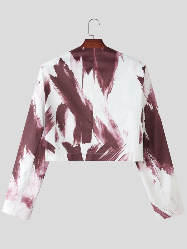 Men's Avant-Garde Gallery Tie-Dye Brush Stroke Collarless Flap Pocket Long Sleeve Cropped Jacket SKUL79118