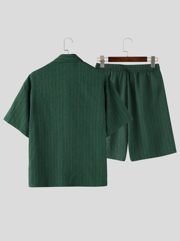 Men's Vintage High Street Slub Pleated Textured Two Pieces Outfit SKUL72615