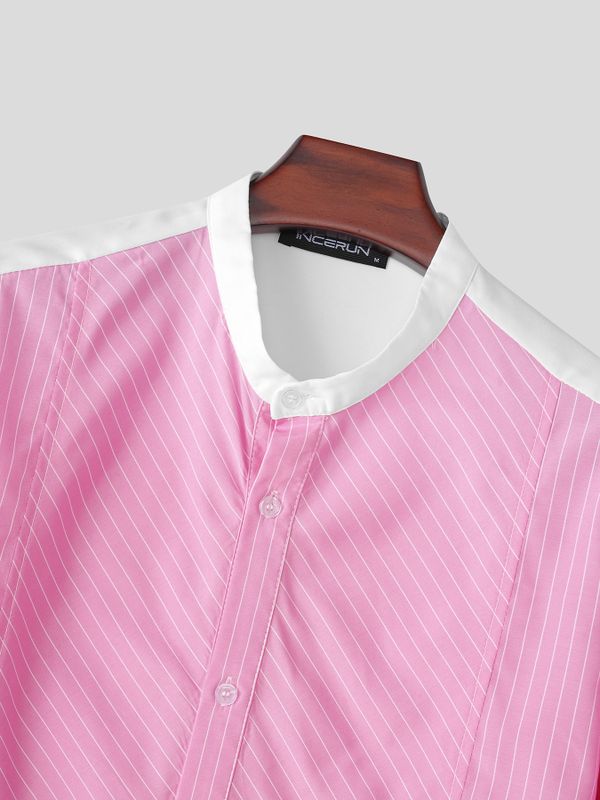 Men's Casual Striped Contrast Color Patchwork Stand Collar Three Quarter Sleeve Shirt SKUL76751