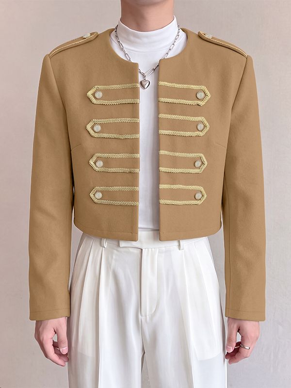 Men's Retro Party Military Gold Braid Cropped Boxy Long Sleeve Round Neck Blazer SKUL80457