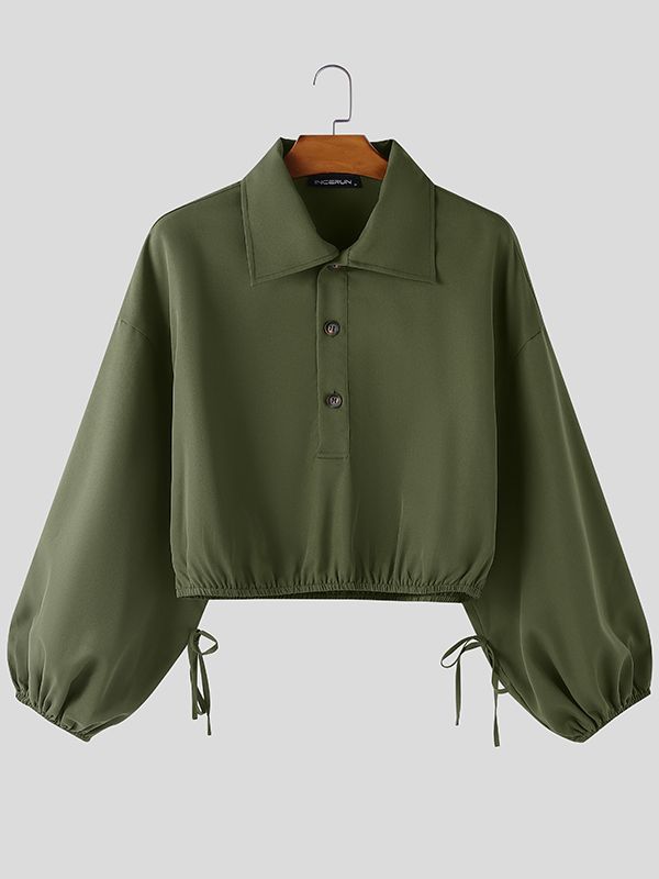 Men's Solid Color Loose Lapel Cropped Long Sleeve Shirt SKUL45225
