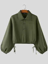 Men's Solid Color Loose Lapel Cropped Long Sleeve Shirt SKUL45225