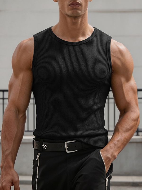 Men's Hardcore Bodybuilding Muscle Fit Ribbed Knit Crew Neck Tank SKUL68063