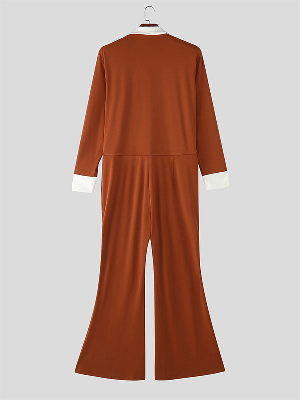 Men's Colorblock Flared Long Sleeve Jumpsuit SKUL23886