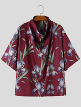 Men's Floral Print Draped Cowl Neck Relaxed Fit Short Sleeve Shirt SKUL61180