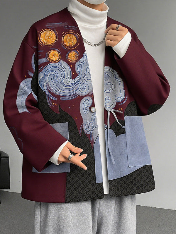 Men's Color Block Print Collarless Long Sleeve Cardigan SKUL34995