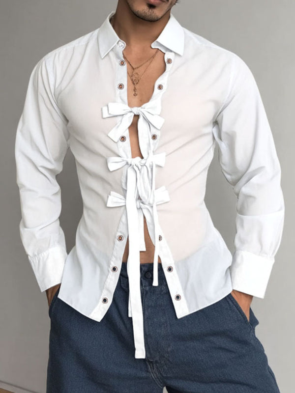 Men's Bow Tie Lace-Up Long Sleeve Shirt SKUL24189