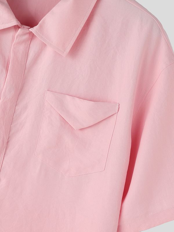 Men's Minimalist Crinkle Texture Chest Pocket Turn Down Collar Short Sleeve Shirt SKUL75726