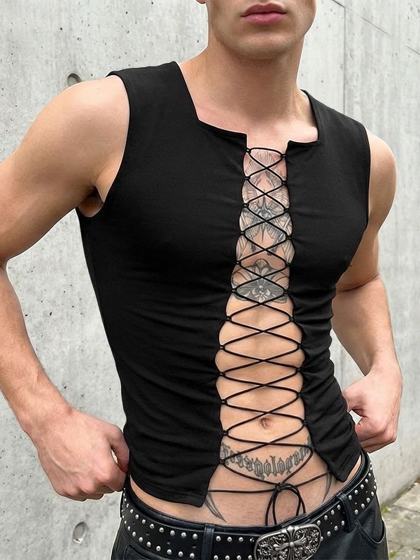 Men's Avant-Garde Full Lace-Up Front Slim Fit Square Neck Sleeveless Tank SKUL56532