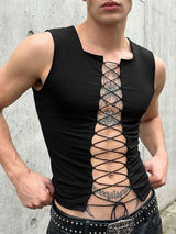 Men's Avant-Garde Full Lace-Up Front Slim Fit Square Neck Sleeveless Tank SKUL56532