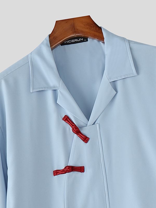 Men's Asymmetric Frog Button Short Sleeve Shirt SKUL57087