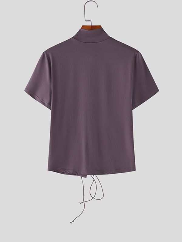 Men's Avant-Garde Full Lace-Up Front Slim Fit Mock Neck Short Sleeve T-shirt SKUL56149
