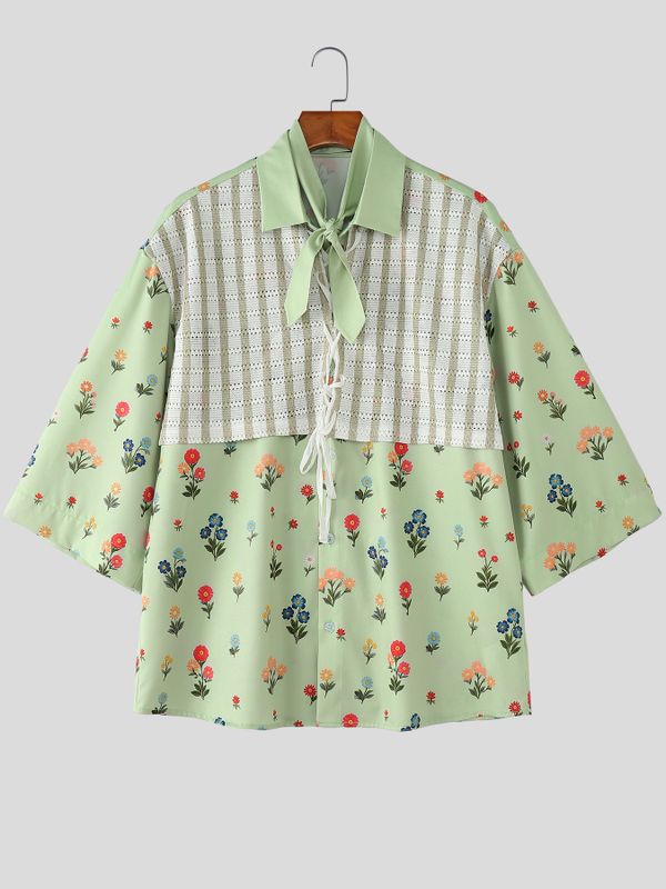 Men's Floral Print Contrast Color Patchwork Half Sleeve Shirt SKUL53143