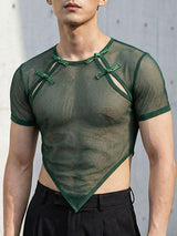Men's Avant-Garde New Chinese Style Sheer Mesh Frog Button Pointed Hem T-shirt SKUL59967
