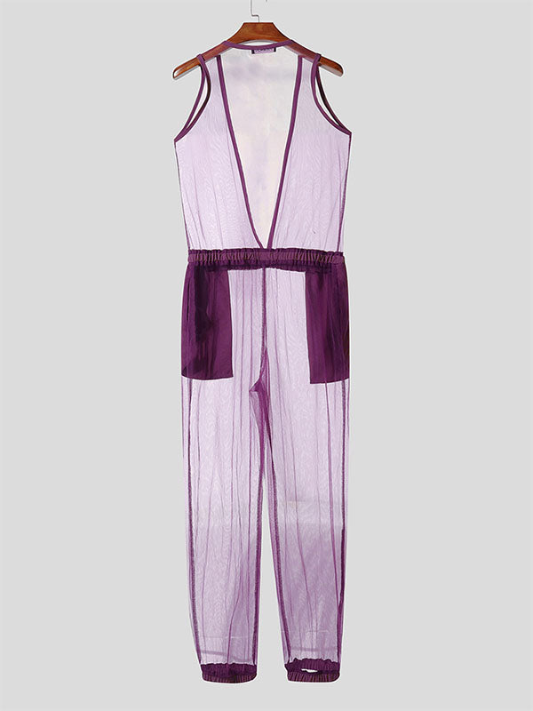 Mens Solid Color Sheer Mesh Jumpsuit SKUL11900