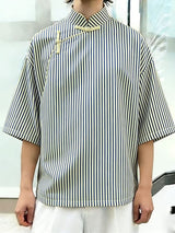 Men's New Chinese Style Pinstripe Asymmetrical Frog-Button Shirt SKUL56249