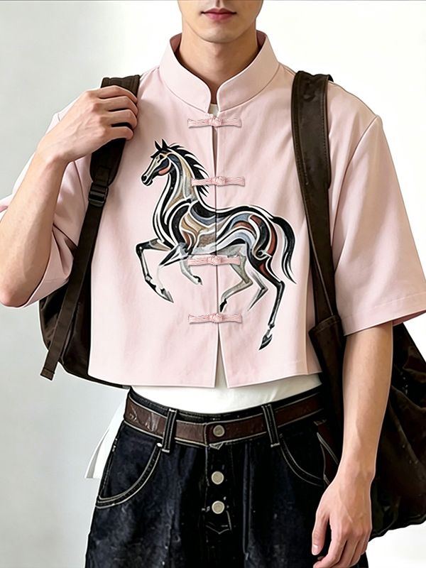 Men's New Chinese Style Horse Graphic Frog Button Cropped Shirt SKUL61179