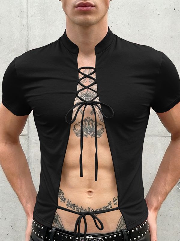 Men's Lace-Up Open Front Mandarin Collar Slim Fit Short Sleeve T-shirt SKUL57500