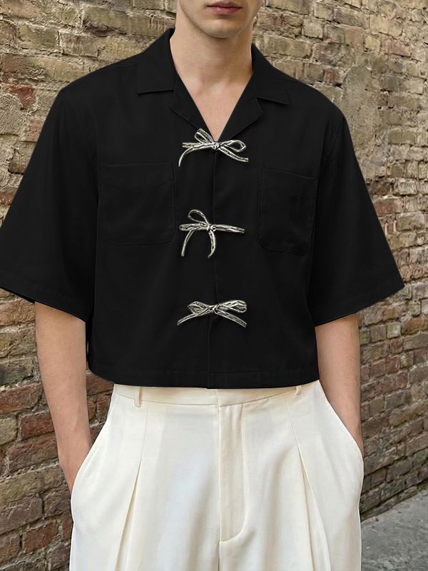 Men's Minimalist Double Pocket Bow Tie Short Sleeve Shirt SKUL58724