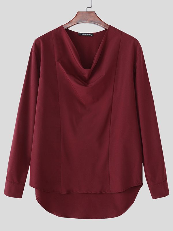 Men's Solid Color Draped Collar Design Long Sleeve Shirt SKUL36334