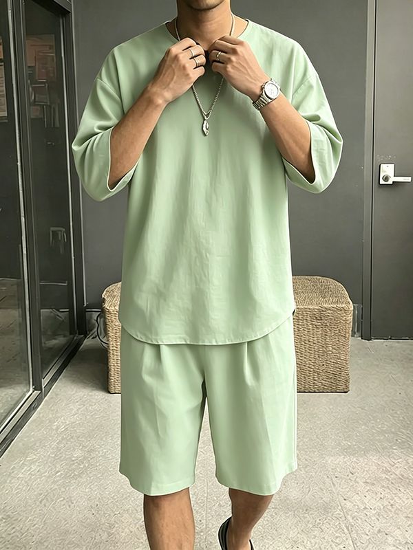 Men's Minimalist Casual V-Notch Neck Drop Shoulder Two Pieces Outfit SKUL68359