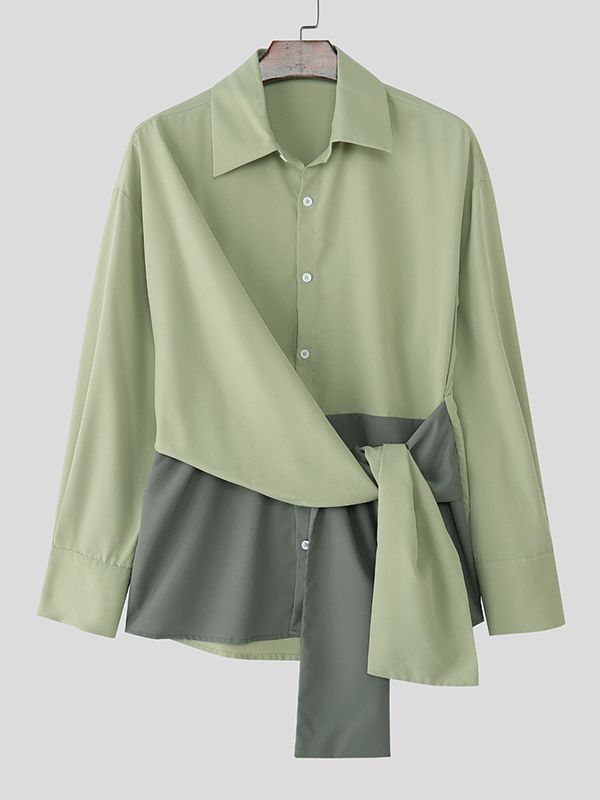 Men's Color Block Twist Tie Long Sleeve Shirt SKUL37294