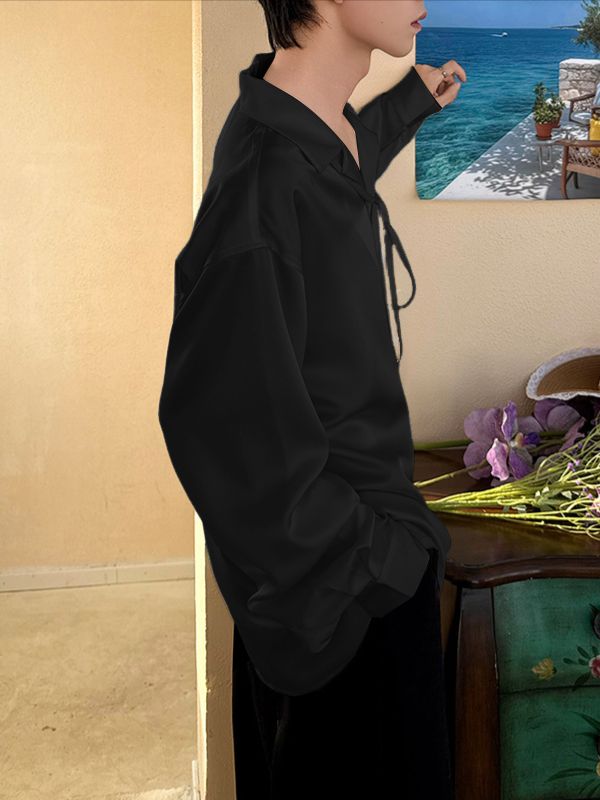 Men's Satin Embroidered Drawstring Loose Long Sleeve Shirt SKUL36381