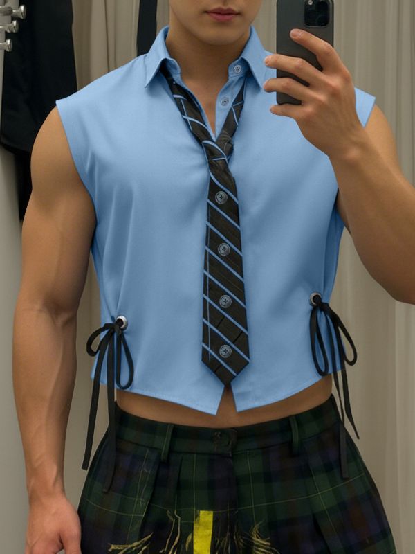 Men's Solid Color Drawstring Tie Cropped Sleeveless Shirt SKUL37675