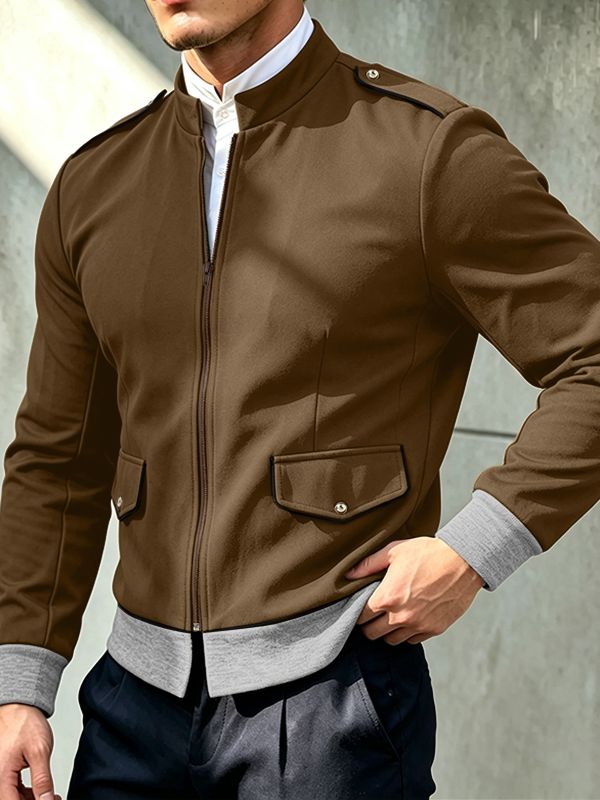 Men's Retro Early Autumn Military Piping Flap Pocket Slim Fit Waist Length Long Sleeve Bomber Jacket SKUL82455