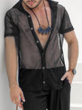 Mens Lace Jacquard Lapel Short Sleeve Shirt SKUK48005