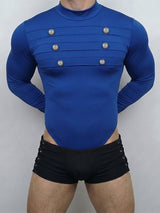 Men's Sexy Retro Stage Performance Military Pleated Double Breasted Button High Cut Long Sleeve Mock Neck Bodysuit SKUL83125