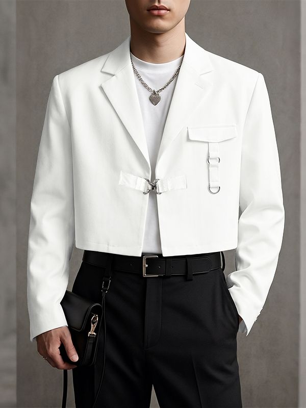 Men's Avant-Garde High Street Tactical Buckle Cropped Structured Blazer SKUL73644