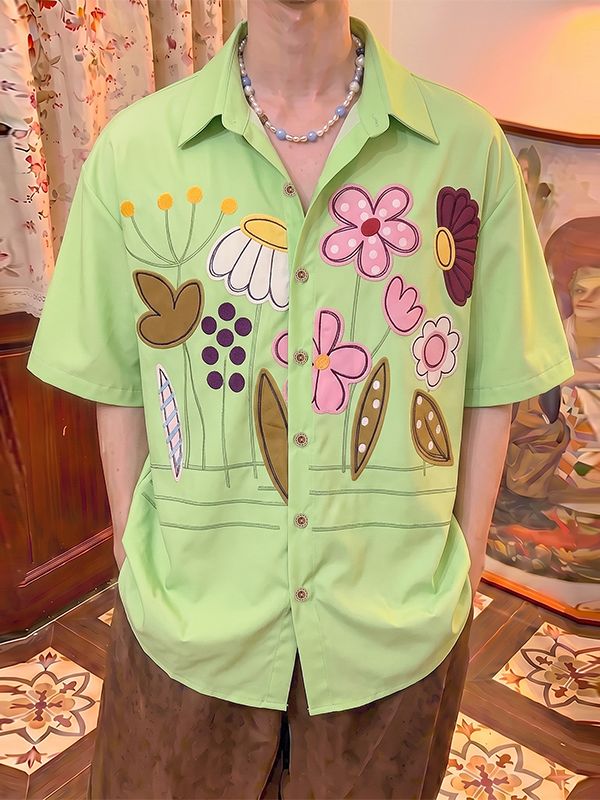 Men's Y2K Dopamine Floral Print Short Sleeve Shirt SKUL77999
