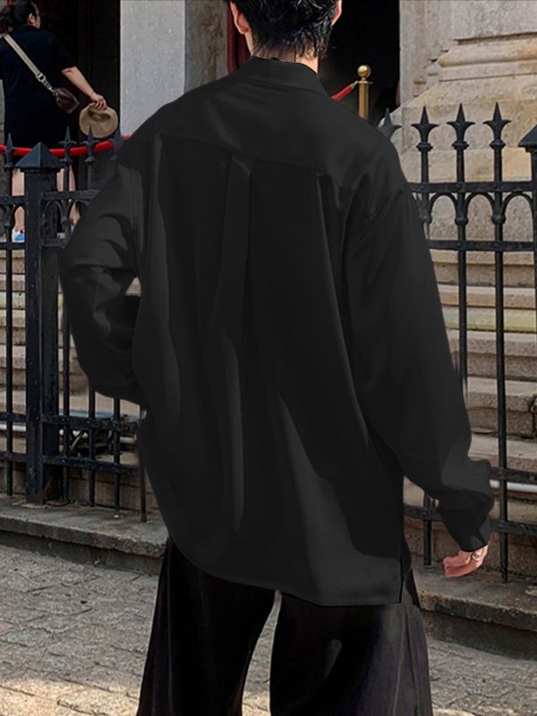 Men's Satin Embroidered Drawstring Loose Long Sleeve Shirt SKUL36381