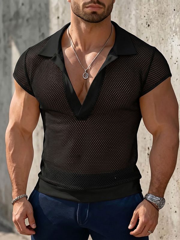 Men's Avant-Garde Deep V-Neck Full Mesh Polo Shirt SKUL63649