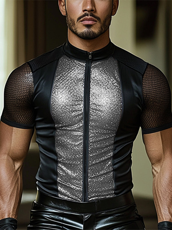 Men's Glitter Sheer Mesh Patchwork Short Sleeve T-Shirt SKUL12896