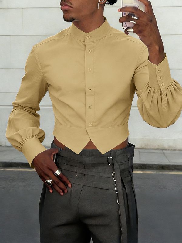 Men's Solid Color Stand Collar Cropped Long Sleeve Shirt SKUL54007