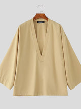 Men's Solid Color Deep V-Neck 3/4 Length Sleeve Shirt SKUL51929