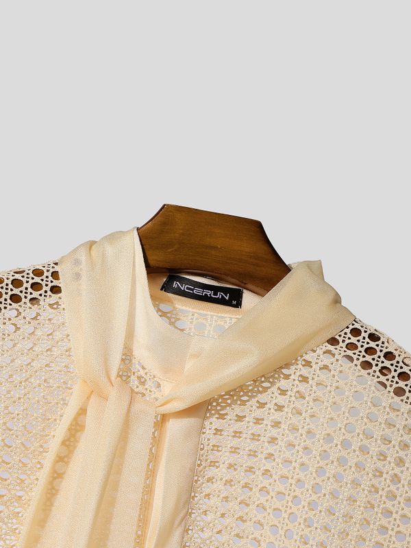 Men's Romantic Avant-Garde Hollow Out Mesh Tie Neck Half Sleeve Shirt SKUL70275