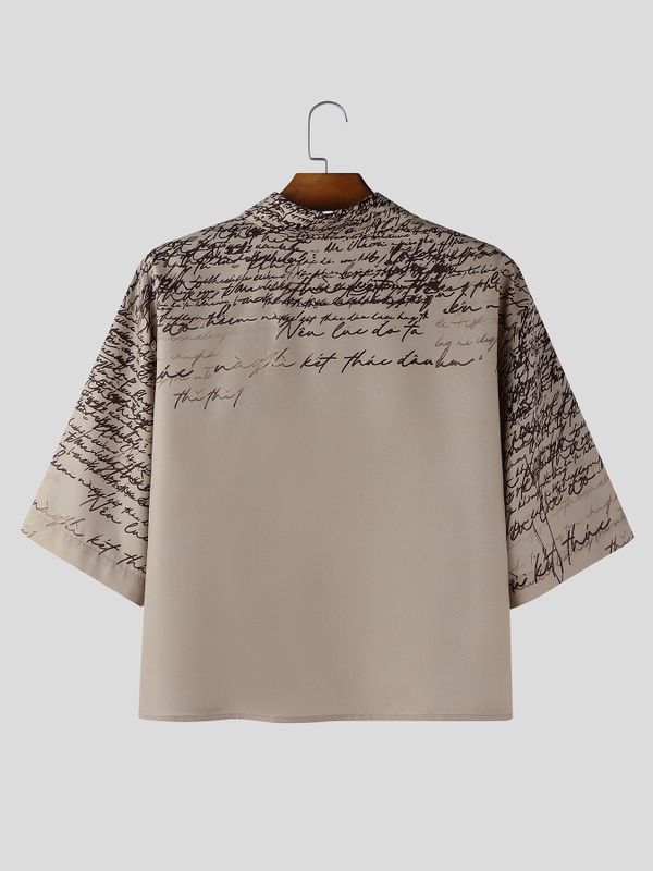 Men's Calligraphy Script Print Raw Hem Short Sleeve Shirt SKUL52996