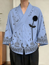 Men's Avant-Garde Starry Night & Castle Print 3D Applique Rose Short Sleeve Shirt SKUL61936
