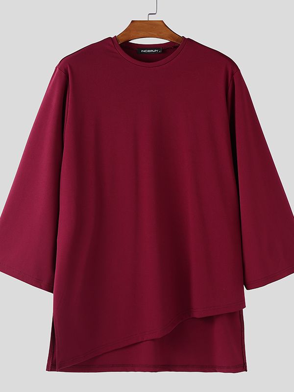 Men's Irregular Hem 3/4 Length Sleeve Crew Neck T-shirt SKUL51884