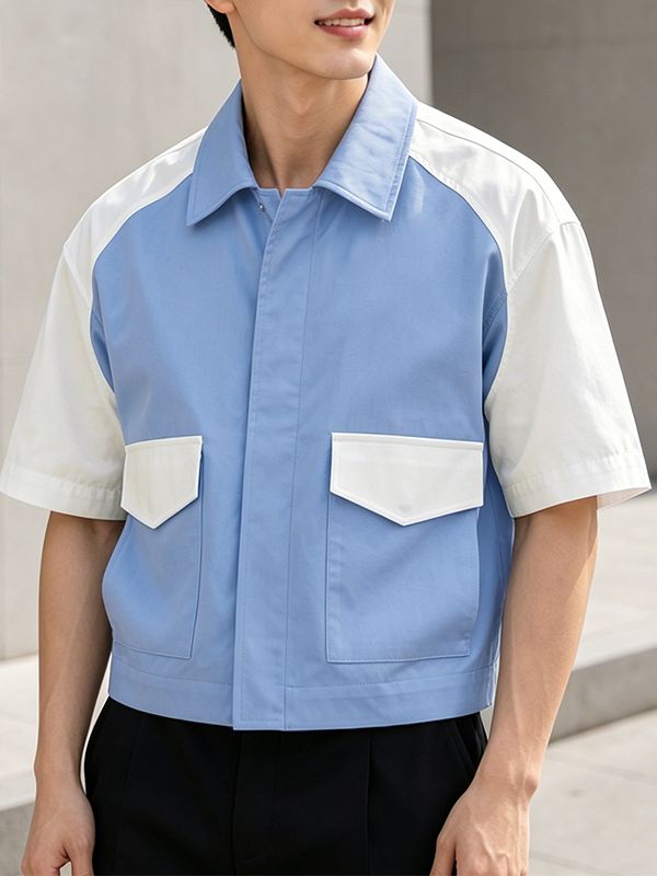 Men's Japanese City Boy Style Color-Block Short Sleeve Shirt SKUL76782