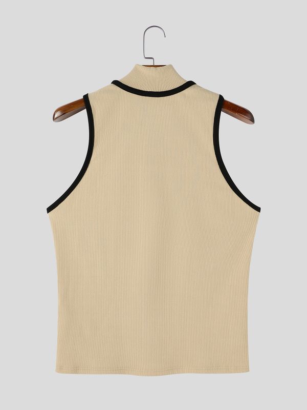 Men's Clean Fit Urban Casual Quarter Zip Vertical Rib Texture Sleeveless Mock Neck Tank SKUL81842