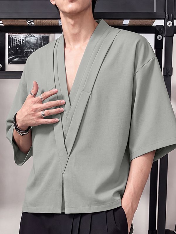 Men's Japanese Zen Beach Vacation Deep V-Neck Cross Overlap Shirt SKUL82436